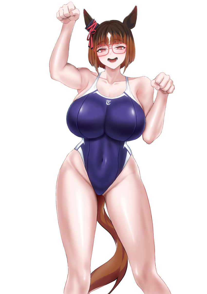 1girl animal_ears bare_legs blush breasts brown_hair commentary_request covered_navel ear_ornament glasses hakase_yurisuki highleg highres horse_ears horse_girl large_breasts looking_at_viewer multicolored_hair open_mouth paw_pose red-framed_eyewear red_eyes short_hair simple_background solo streaked_hair swimsuit tail transcend_(umamusume) umamusume white_background white_hair