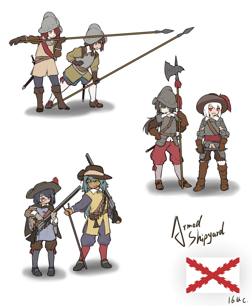 6+girls antique_firearm armedshipyard armor arquebus blue_hair boots firearm gun halberd highres military multiple_girls original pants pike_(weapon) polearm red_pants scabbard sheath spanish_flag sword weapon