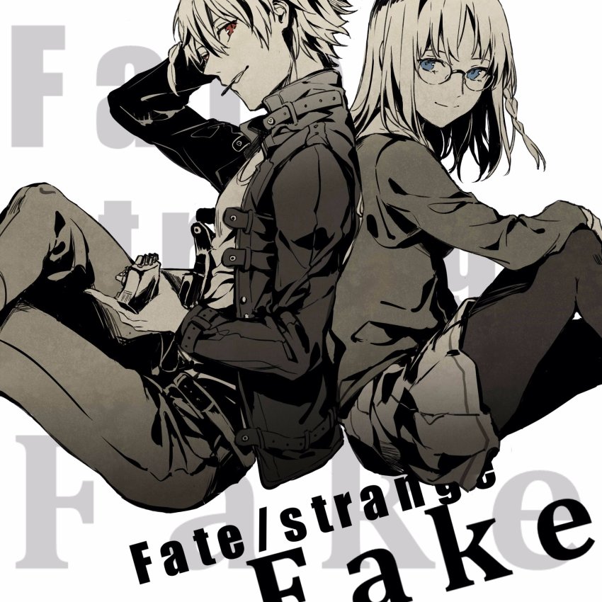 1boy 1girl back-to-back blue_eyes braid copyright_name fate/strange_fake fate_(series) food glasses high_contrast highres jacket pantyhose pocky red_eyes redoxhn richard_i_(fate) sajou_ayaka_(fate/prototype) sajou_ayaka_(fate/strange_fake) sitting spot_color