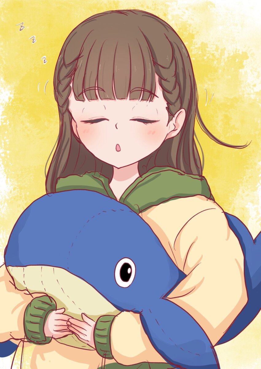 1girl blunt_bangs closed_eyes commentary_request facing_viewer highres hood hood_down hooded_sweater hugging_doll hugging_object long_hair long_sleeves love_live! love_live!_superstar!! parted_lips sakurakoji_kinako seiha_(hnumkt) solo standing stuffed_whale sweater upper_body yellow_sweater zzz