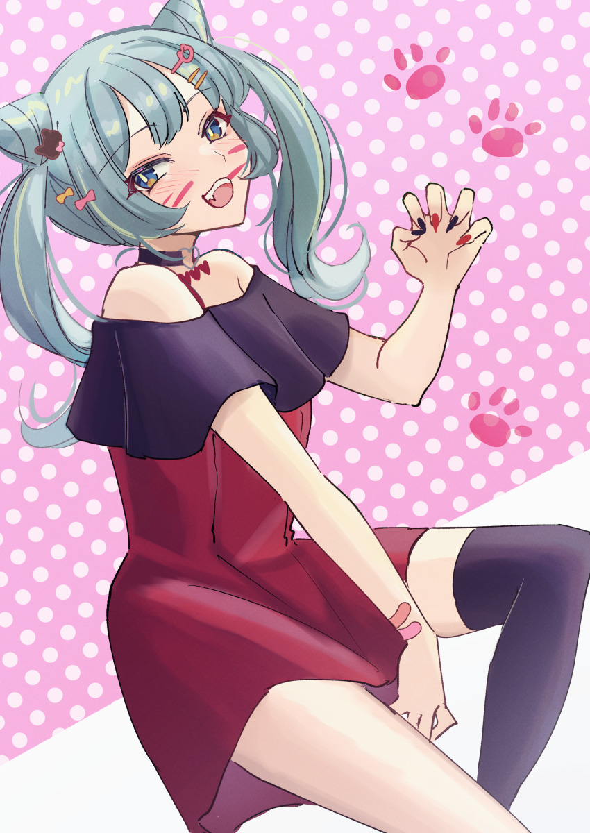:d absurdres animal_(vocaloid) aqua_eyes aqua_hair bandaid black_nails black_thighhighs blonde_hair blush bow bright_pupils choker commentary_request cone_hair_bun double_bun dress facial_mark fang frilled_dress frills hair_bow hair_bun hair_ornament hairclip hatsune_miku heart heart_choker heart_o-ring highres medium_hair multicolored_hair multicolored_nails o-ring open_mouth paw_print pink_bow polka_dot red_dress red_nails single_thighhigh sitting smile streaked_hair teeth thighhighs tongue tsumurimai twintails two-tone_dress upper_teeth_only vocaloid white_pupils yellow_bow