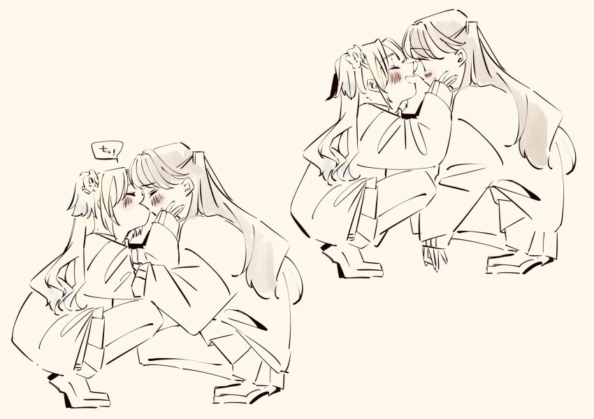 2girls closed_eyes commentary_request flower fujishima_megumi full_body greyscale hair_flower hair_ornament hand_on_another&#039;s_cheek hand_on_another&#039;s_face highres kiss link!_like!_love_live! long_hair long_sleeves looking_at_another love_live! miniskirt monochrome multiple_girls open_mouth osawa_rurino parted_bangs pleated_skirt profile shin_(shnnnnrn1) shoes simple_background skirt sleeves_past_wrists speech_bubble spot_color squatting twintails two_side_up virtual_youtuber white_background yuri