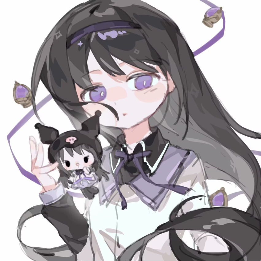 1girl :o akemi_homura akemi_homura_(cosplay) akemi_homura_(magical_girl) animal animal_ears black_eyes black_hair black_hood black_shirt bow bowtie bright_pupils capelet clothed_animal collared_shirt commentary cosplay dot_nose dress ear_covers expressionless gem hairband highres hood hood_up kuromi layered_sleeves liangqi_shi light_blush long_hair long_sleeves looking_at_viewer mahou_shoujo_madoka_magica mahou_shoujo_madoka_magica_(anime) onegai_my_melody parted_lips procreate_(medium) purple_bow purple_bowtie purple_capelet purple_eyes purple_gemstone purple_hairband purple_ribbon ribbon sanrio shirt shirt_under_dress solid_oval_eyes soul_gem sparkle upper_body very_long_hair white_background white_dress white_pupils