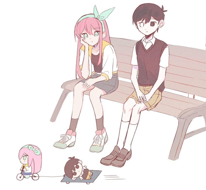 1boy 1girl antenna_hair aubrey_(faraway)_(omori) aubrey_(omori) bench bicycle black_eyes black_socks black_sweater_vest blue_eyes blue_hairband brown_shorts character_doll closed_mouth collared_shirt hairband heterochromia highres loafers long_hair omori pink_hair satsuki_1243 sentient_stuffed_toy shirt shoes short_sleeves shorts simple_background sitting sneakers socks spoilers stuffed_toy sunny_(omori) sweater_vest white_background white_eyes white_shirt white_socks