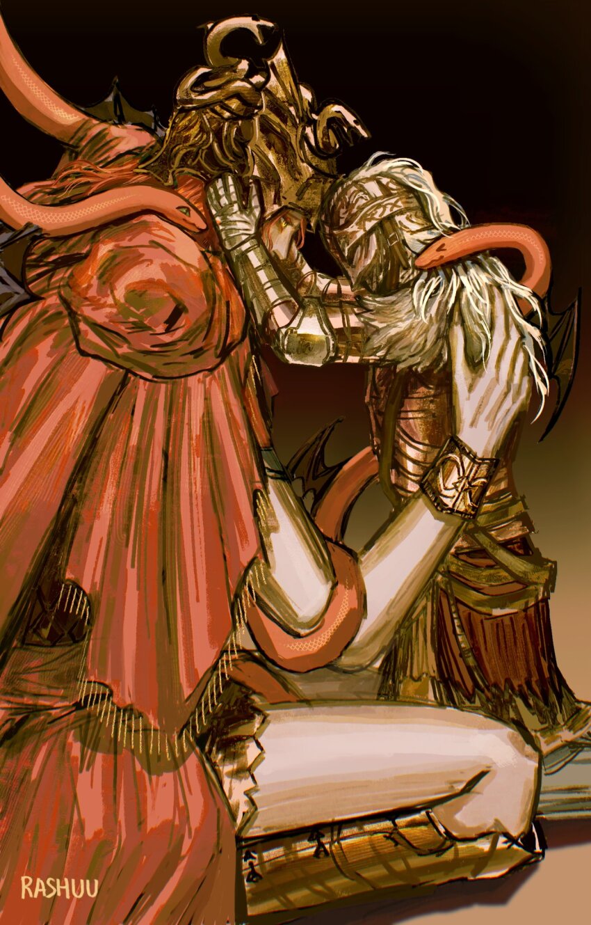 1boy 1other bloody_wolf_(elden_ring) brown_background commentary elden_ring elden_ring:_shadow_of_the_erdtree english_commentary gauntlets gradient_background helmet highres hug kneeling long_hair messmer_the_impaler rashuu red_hair red_shawl shawl snake tarnished_(elden_ring) winged_helmet yellow_eyes