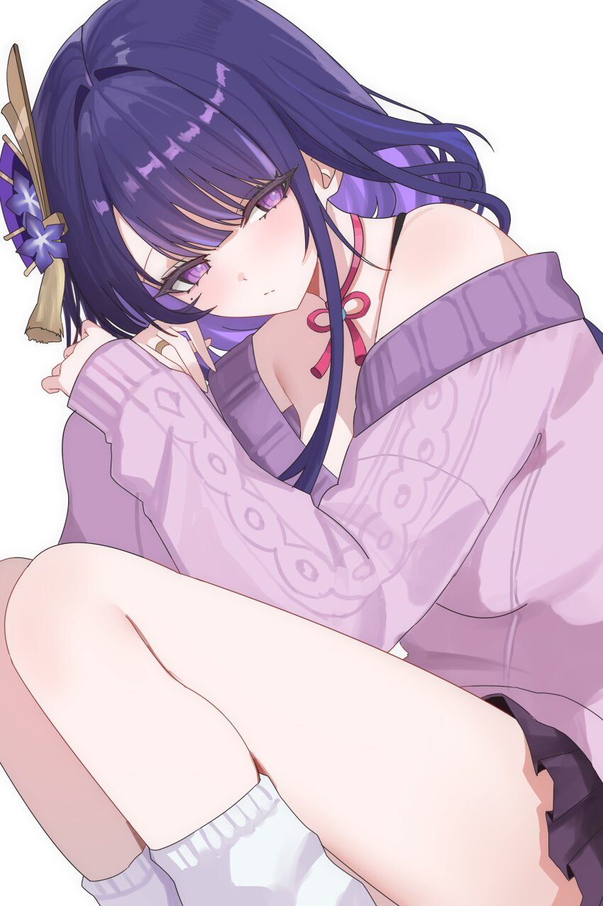 1girl absurdres alternate_costume bad_id bad_twitter_id bare_shoulders breasts closed_mouth commentary contemporary feet_out_of_frame genshin_impact hair_ornament highres light_blush long_hair long_sleeves looking_at_viewer medium_breasts neck_ribbon off_shoulder purple_eyes purple_hair purple_skirt purple_sweater raiden_shogun ribbon rudang simple_background skirt socks solo squatting sweater thighs white_background white_socks