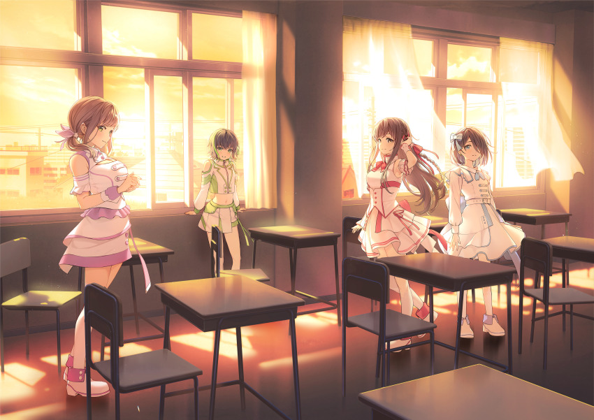 4girls absurdres ankle_boots blue_eyes boots braid breasts brown_hair chair classroom cleavage cleavage_cutout closed_mouth clothing_cutout cropped_shirt curtains desk enogu fold-over_boots grin hair_over_one_eye highres hinata_nao_(iwamotochou_geinousha) indoors iwamotochou_geinousha kagawa_ichigo large_breasts long_hair looking_at_viewer midriff miniskirt multicolored_hair multiple_girls natsume_haru navel one_eye_covered own_hands_together school_chair school_desk shirafuji_tamaki side_braid side_ponytail skirt smile streaked_hair sunset suzuki_anzu virtual_youtuber white_footwear white_skirt wristband