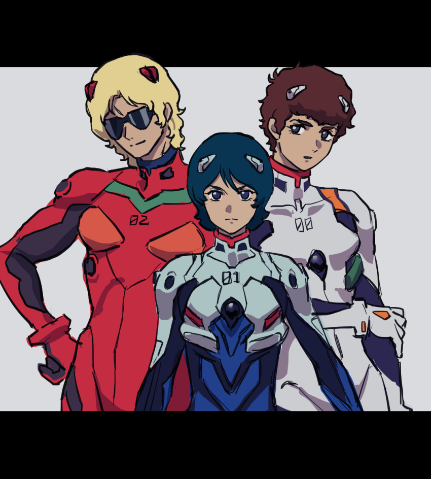 3boys amuro_ray ayanami_rei ayanami_rei_(cosplay) blonde_hair blue_hair brown_hair char_aznable cosplay gundam highres ikari_shinji ikari_shinji_(cosplay) kamille_bidan letterboxed mecha_pilot_suit multiple_boys neon_genesis_evangelion plugsuit_(evangelion) quattro_bajeena sketch souryuu_asuka_langley souryuu_asuka_langley_(cosplay) yy0880yy zeta_gundam