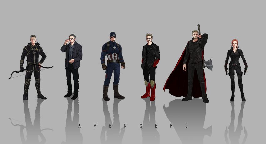 1girl 5boys arm_up armor armored_boots arrow_(projectile) avengers:_endgame avengers_(series) beard belt black-framed_eyewear black_armor black_belt black_bodysuit black_footwear black_gloves black_jacket black_pants black_shirt black_widow blue_bodysuit blue_eyes blue_shirt bodysuit boots bow_(weapon) braid brown_belt brown_eyes brown_footwear brown_gloves brown_hair bruce_banner buttons cape captain_america clenched_hands clint_barton closed_mouth collared_shirt copyright_name facial_hair fingerless_gloves full_body glasses gloves green_eyes grey_background grey_hair gun hand_on_own_hip hand_up handgun hands_in_pockets hawkeye_(marvel) helmet heterochromia highres holding holding_bow_(weapon) holding_gun holding_weapon iron_man jacket lapels long_hair long_sleeves looking_at_viewer marvel marvel_cinematic_universe mochishio multicolored_armor multicolored_hair multiple_boys natasha_romanoff open_clothes open_jacket pants plaid_clothes plaid_shirt pocket red_armor red_cape red_hair reflection shirt shoes short_hair simple_background single_glove smile standing star_(symbol) steve_rogers stormbreaker striped_clothes striped_jacket superhero_costume thor_(marvel) tony_stark two-tone_hair v-shaped_eyebrows vertical-striped_bodysuit vertical-striped_clothes vertical-striped_jacket weapon weapon_on_back yellow_armor