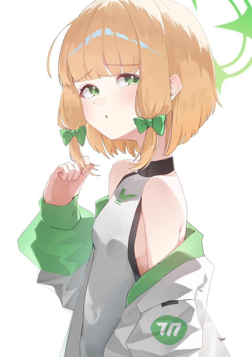 1girl absurdres bare_shoulders blonde_hair blue_archive blush bodysuit bow breasts green_bow green_eyes green_halo green_jacket hair_bow halo hand_up highres ixia559 jacket loli long_sleeves looking_to_the_side low-tied_sidelocks midori_(battlesuit)_(blue_archive) midori_(blue_archive) multicolored_jacket off_shoulder official_alternate_costume open_clothes open_jacket puffy_long_sleeves puffy_sleeves short_hair sidelocks simple_background sleeveless sleeveless_bodysuit small_breasts solo upper_body white_background white_bodysuit white_jacket