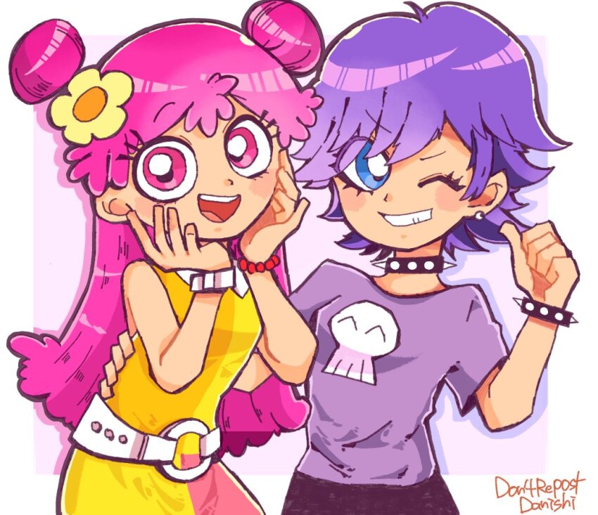 :d ami_onuki artist_name belt blue_eyes blush_stickers bracelet collar danishi double_bun dress earrings flower hair_bun hair_flower hair_ornament hand_on_another&#039;s_hip hi_hi_puffy_amiyumi jewelry long_hair looking_at_viewer one_eye_closed open_mouth pink_eyes pink_hair purple_hair purple_shirt shirt short_hair short_sleeves skull_print sleeveless sleeveless_dress smile spiked_bracelet spiked_collar spikes upper_body yellow_dress yumi_yoshimura
