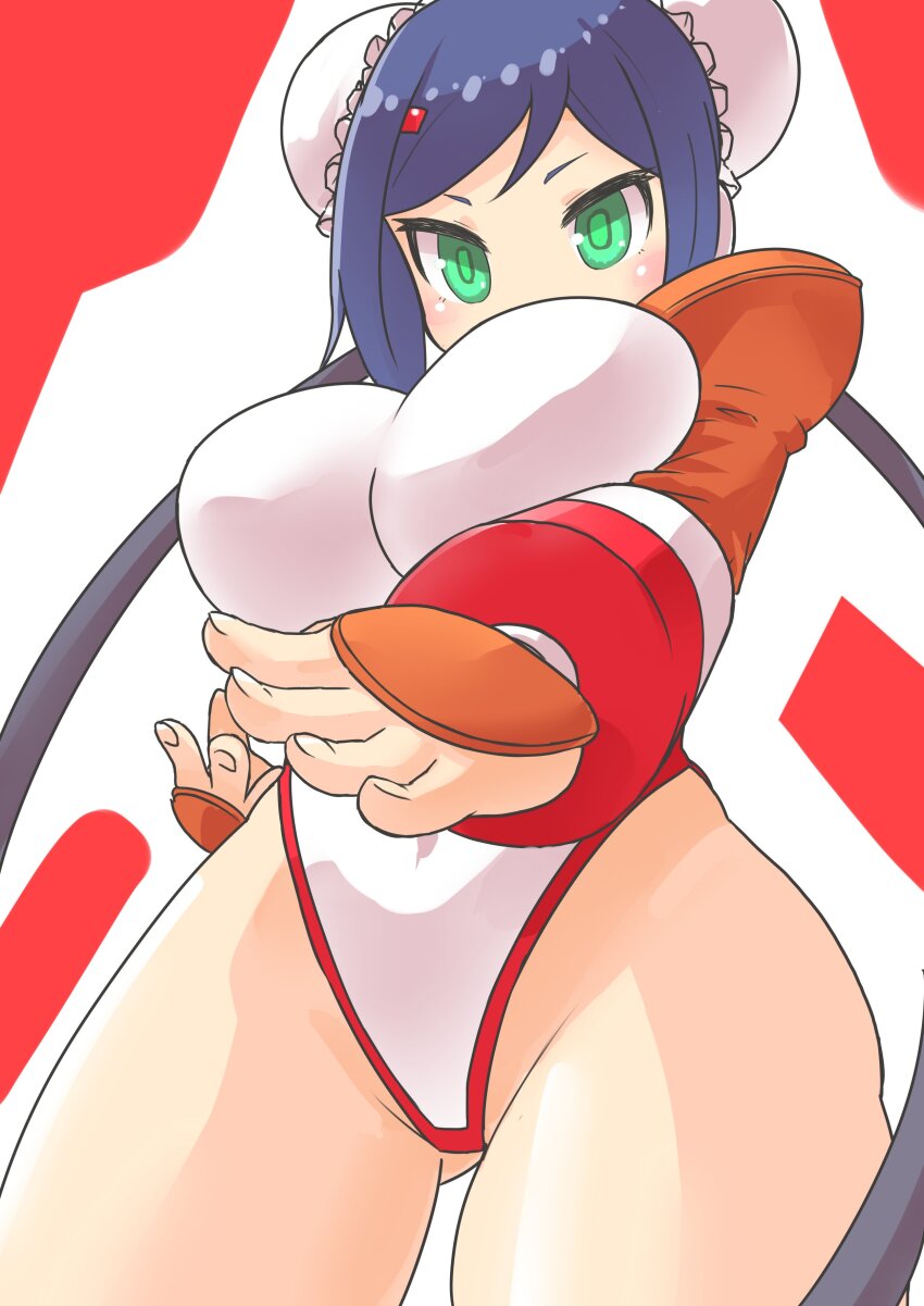 1girl absurdres arcana_heart artist_request blue_hair breasts chinese_clothes covered_navel double_bun fighting_stance fingerless_gloves from_below gloves green_eyes hair_bun highres large_breasts legs leotard looking_at_viewer mei-fang outstretched_arm solo source_request thick_thighs thighs