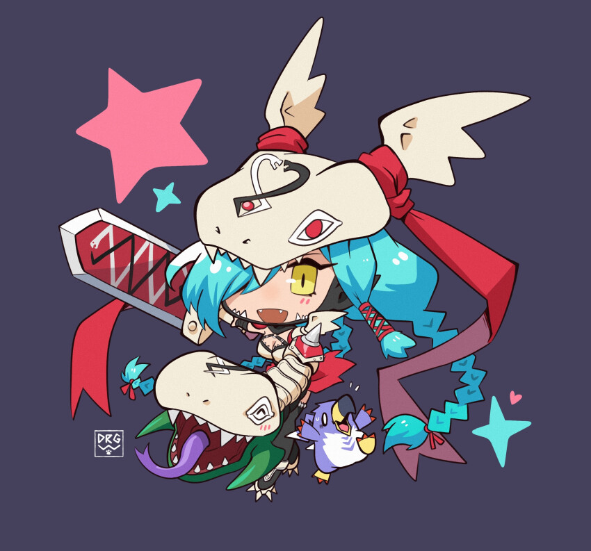 armor beak chibi digimon digimon_(creature) dragonwilbert fangs happy heart highres mask mervamon open_mouth penmon sharp_teeth snake sparkle spikes sword teeth weapon yellow_eyes