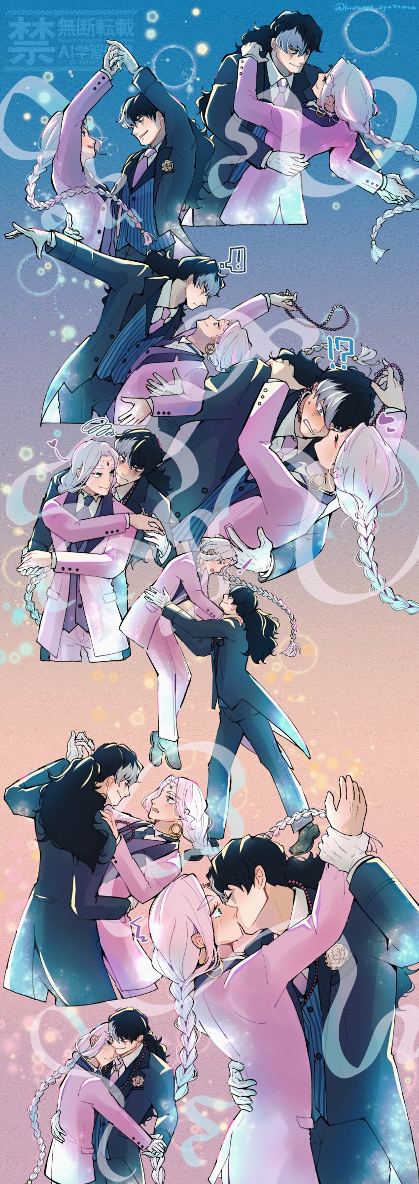 !? 2boys absurdres ace_attorney bead_necklace beads bindi black_hair black_pants black_tailcoat blue_necktie blush braid braided_ponytail dancing earrings eye_contact facial_mark floating_earring flower_brooch gloves green_eyes hand_on_another&#039;s_back highres holding_hands jacket jewelry kiss kuranne lifting_person long_hair looking_at_another low_ponytail male_focus multiple_boys multiple_views nahyuta_sahdmadhi necklace necktie open_clothes open_jacket pants phoenix_wright:_ace_attorney_-_spirit_of_justice pink_jacket pink_necktie pink_pants ponytail purple_hair shirt simon_blackquill smile striped_clothes striped_vest suit_jacket thick_eyebrows twitter_username vertical-striped_clothes vertical-striped_vest very_long_hair vest white_gloves white_hair white_shirt yaoi