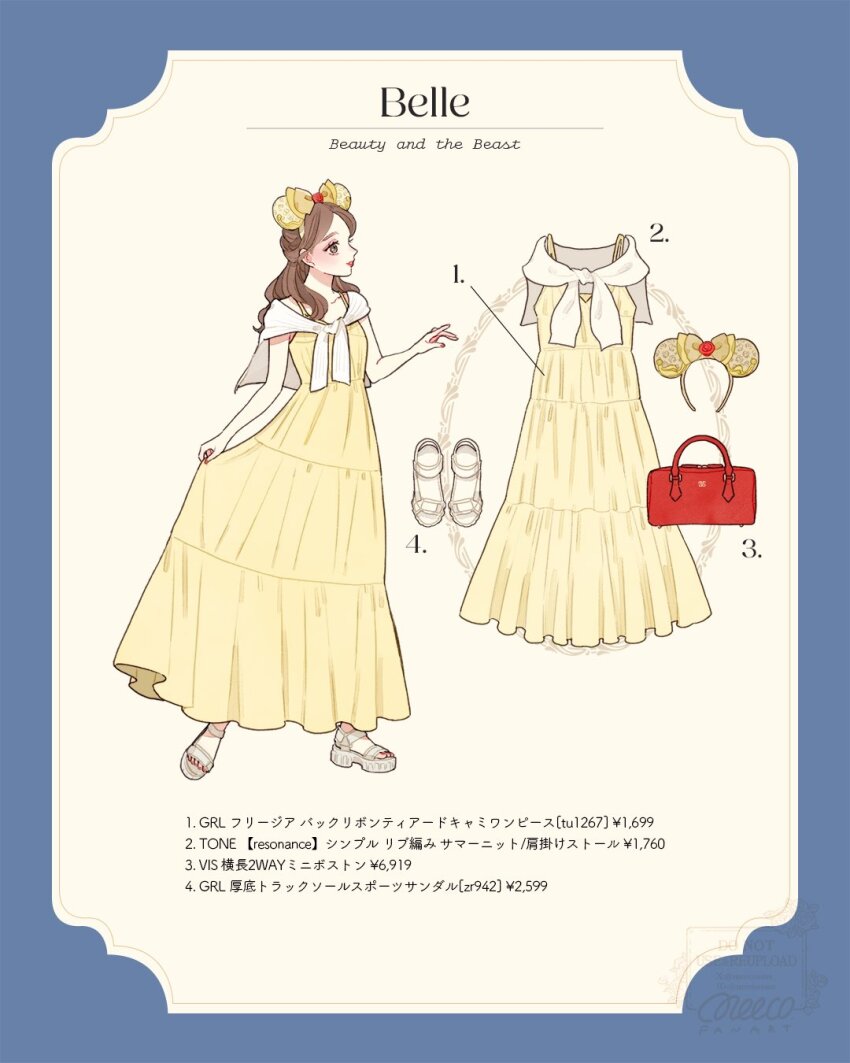 1girl animification bag beauty_and_the_beast_(disney) belle_(disney) brown_eyes brown_hair contemporary dress flower_braid full_body highres long_hair meecosme minnie_mouse_ears ponytail shoes smile translation_request yellow_dress