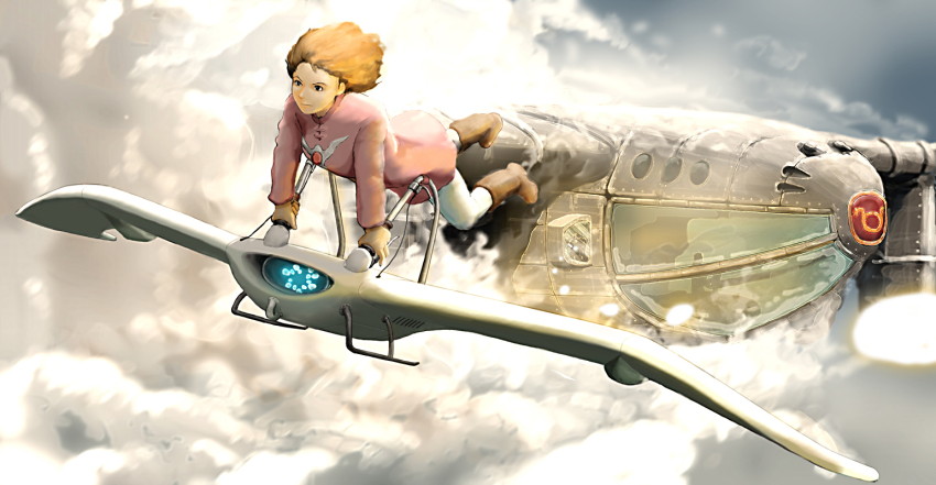 1girl aircraft airship brown_hair closed_mouth cloud commentary_request dress female_focus gloves kaze_no_tani_no_nausicaa mehve nausicaa short_hair smile solo studio_ghibli tk914 vehicle_focus