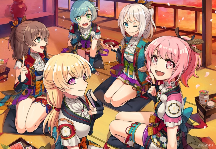 5girls :d ;) alternate_hairstyle aqua_hair arm_warmers ascot back_bow bang_dream! black_gloves black_ribbon blonde_hair blue_bow blue_eyes blue_ribbon bow brown_hair clothing_request commentary_request cup cushion earrings elbow_gloves feather_hair_ornament feathers fingerless_gloves floral_print gloves green_bow green_eyes hair_ornament hair_ribbon half_updo hikawa_hina index_finger_raised japanese_clothes jewelry looking_at_another looking_at_viewer low_ponytail maruyama_aya multiple_girls nashi_(tidal0414) one_eye_closed open_mouth orange_bow pastel_palettes_(bang_dream!) petals pink_eyes pink_hair ponytail purple_bow purple_eyes ribbon sakazuki seiza shirasagi_chisato short_sleeves sidelocks sitting smile sunset twitter_username v-shaped_eyebrows vase veranda wakamiya_eve white_ascot white_hair yamato_maya