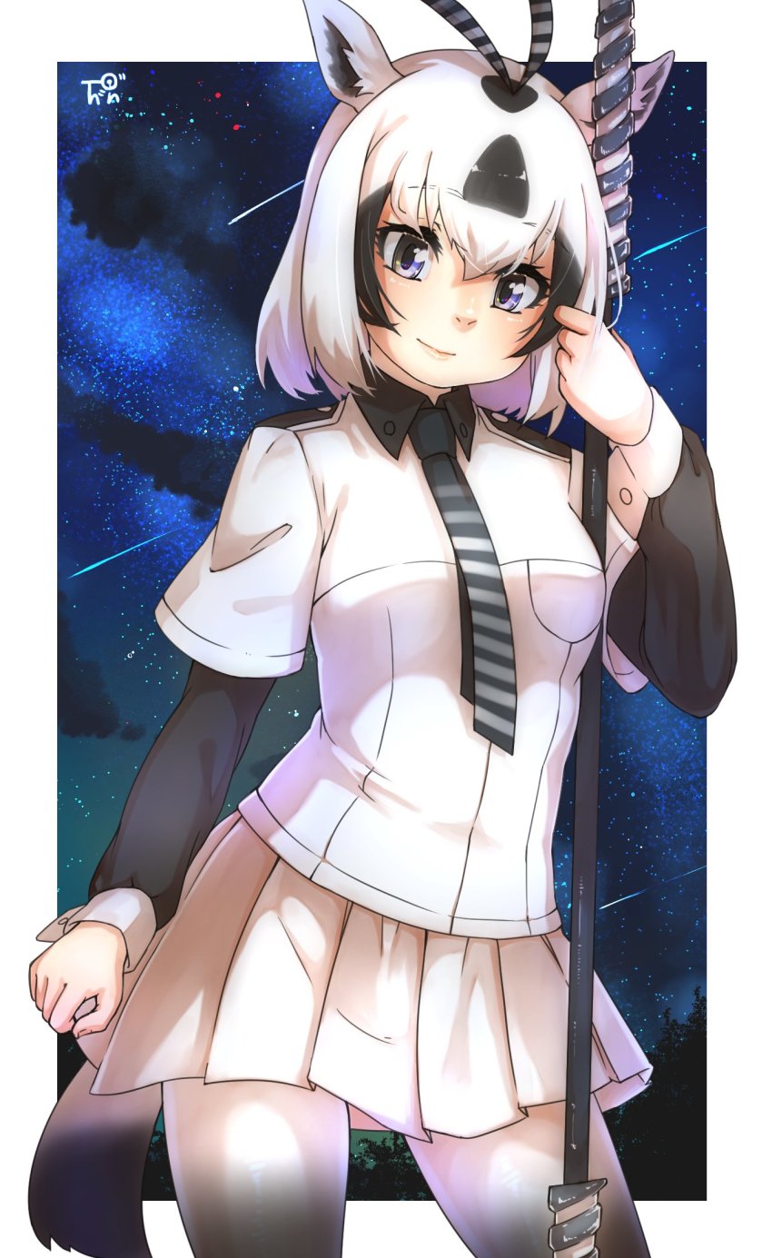 1girl animal_ears arabian_oryx_(kemono_friends) black_hair black_necktie black_pantyhose black_sleeves blue_eyes blush collared_shirt commentary_request cowboy_shot epaulettes gazelle_ears gazelle_horns gazelle_tail gradient_legwear grey_necktie highres kemono_friends kemono_friends_3 long_sleeves looking_at_viewer multicolored_clothes multicolored_hair multicolored_legwear multicolored_neckwear necktie night night_sky pantyhose pleated_skirt polearm shirt short_hair short_sleeves skirt sky smile solo spear star_(sky) striped_necktie striped_neckwear t-shirt thin_(suzuneya) two-tone_hair weapon white_hair white_pantyhose white_shirt white_skirt