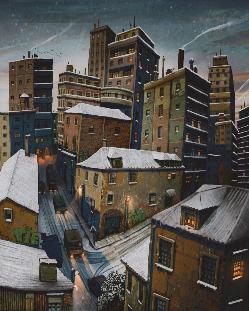 apartment balcony bird building car chimney francisco_fonseca graffiti grey_sky headlight_beam highres lamppost motor_vehicle no_humans original power_lines satellite_dish semi_truck sky smoke snow traffic trailer truck van water_tower window_light