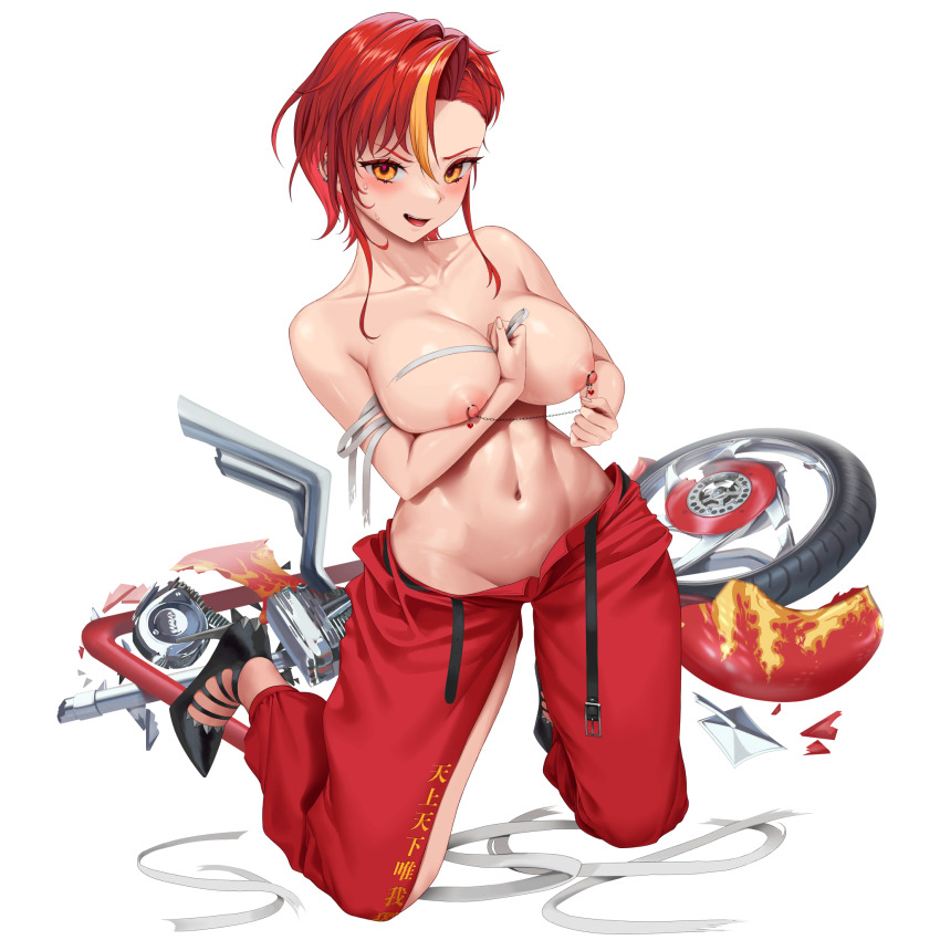 1girl arm_between_breasts belt black_belt blonde_hair blush breasts clothing_cutout collarbone crotch ear_piercing female_focus full_body game_cg hair_between_eyes heart heart-shaped_pupils high_heels highres iron_annie japanese_text kneeling large_breasts last_origin long_hair looking_at_viewer lowleg lowleg_pants motor_vehicle motorcycle multicolored_hair navel nipple_chain nipple_jewelry nipple_sleeves nipples official_alternate_costume official_art open_mouth pants piercing red_hair red_pants smile stomach streaked_hair sweat sweatdrop symbol-shaped_pupils teddyellow teeth text_print thigh_cutout toned toned_female tongue_piercing topless_female torn_clothes transparent_background two-tone_hair unbuckled upper_teeth_only yellow_eyes