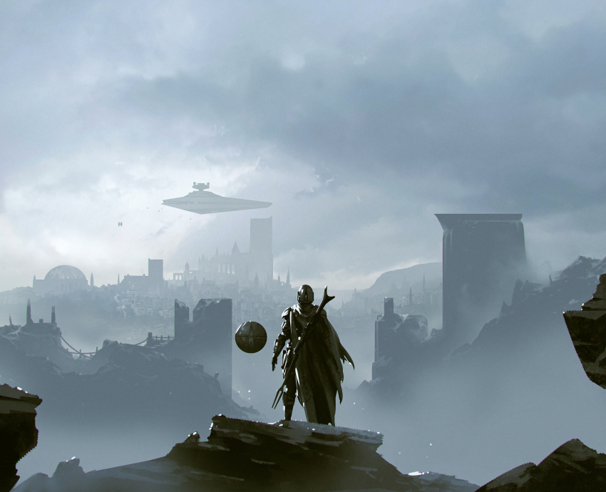 1boy absurdres ball boots building cape city cloud cloudy_sky din_djarin floating floating_object from_behind gloves helm helmet highres kalmahul scenery sky standing star_destroyer star_wars the_mandalorian torn_cape torn_clothes weapon weapon_on_back