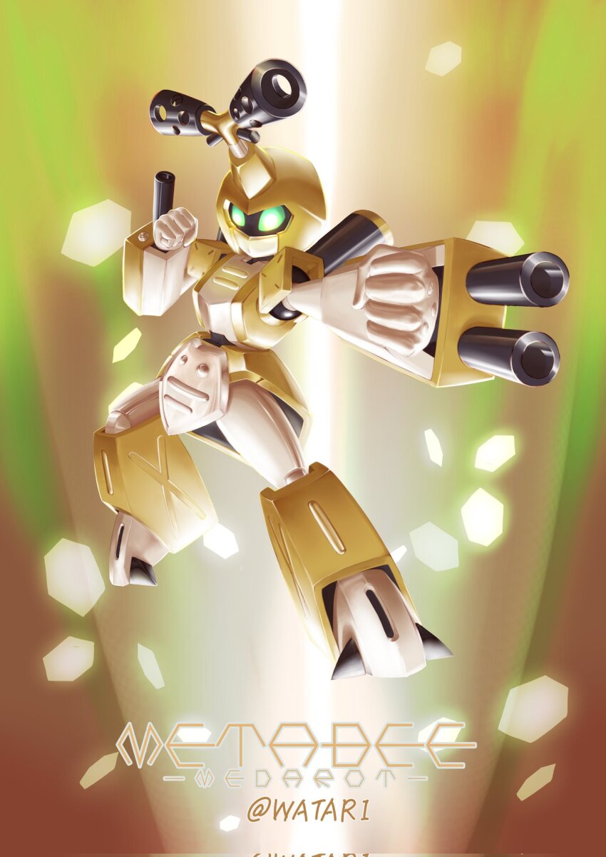 1boy aiming arm_cannon armor character_name clenched_hands copyright_name corrupted_twitter_file full_body glowing glowing_eyes highres horns humanoid_robot male_focus medarot metabee robot single_horn solo twitter_username wata_neji weapon yellow_armor