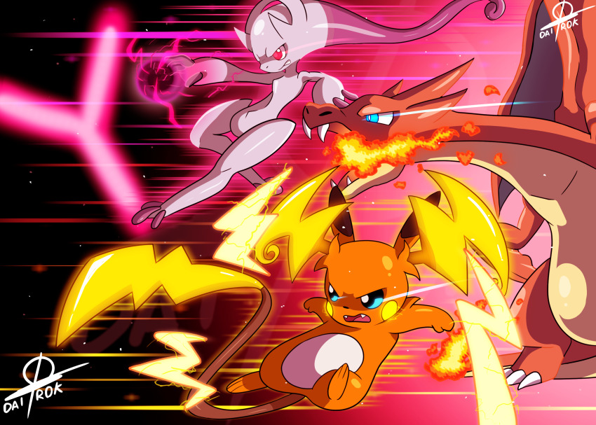 aqua_eyes artist_name bright_pupils charizard commentary dairok_(dandroirl) dragon electricity energy_ball english_commentary eye_trail fangs fire flame-tipped_tail gen_1_pokemon highres legendary_pokemon light_trail mega_charizard_y mega_mewtwo_y mega_pokemon mega_raichu_y mewtwo nintendo nostrils open_mouth pokemon pokemon_(creature) pokemon_focus raichu red_eyes tail trait_connection white_pupils