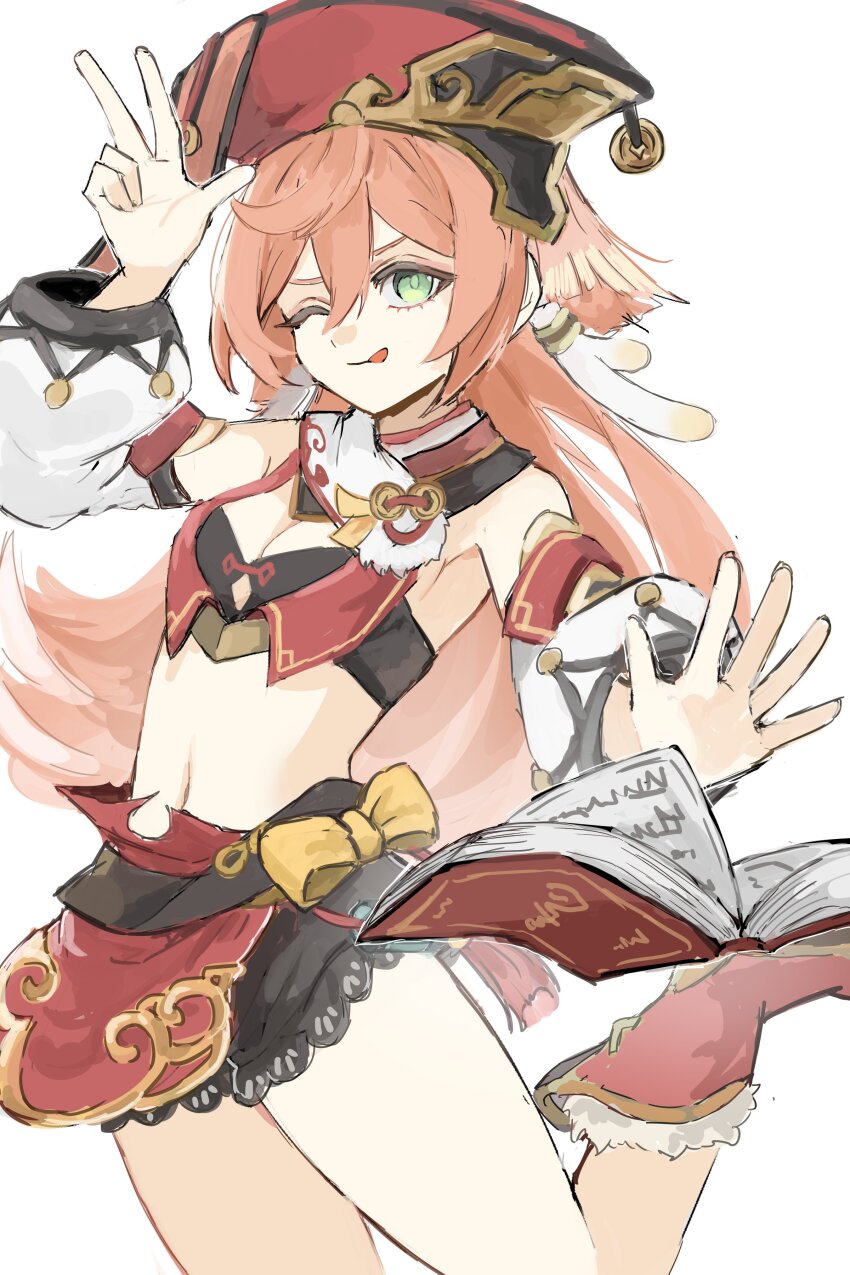 1girl ;q absurdres ankle_boots antlers bare_shoulders black_bloomers black_bra bloomers book boots bra breasts cleavage commentary_request cowboy_shot crop_top deer_antlers detached_sleeves floating floating_book floating_object genshin_impact green_eyes hair_between_eyes hand_up hat highres horns lappet long_hair looking_at_viewer midriff navel nihon_no_hentai one_eye_closed pink_hair red_hat red_skirt sidelocks simple_background skirt small_breasts smile solo standing standing_on_one_leg tongue tongue_out underwear v white_background white_sleeves xiezhi_guan yanfei_(genshin_impact)