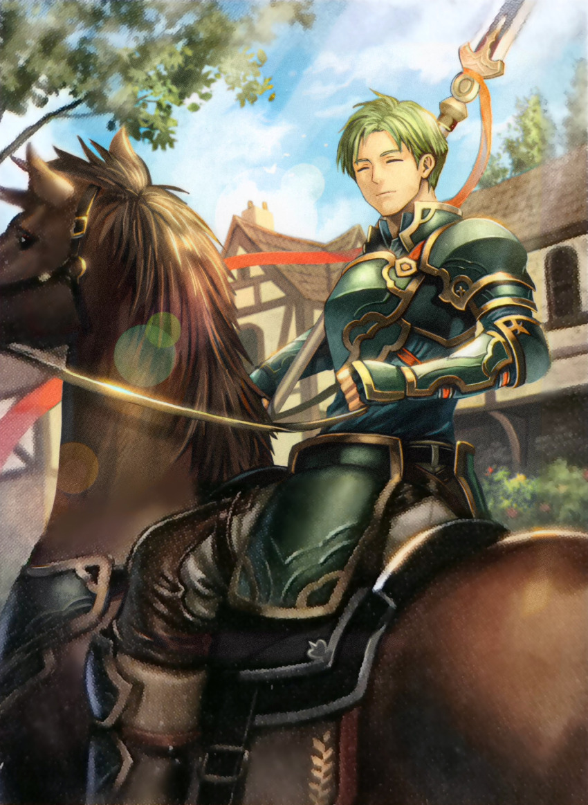 1boy anbe_yoshirou armor closed_eyes commentary day fire_emblem fire_emblem:_path_of_radiance fire_emblem_cipher green_armor green_hair highres holding holding_polearm holding_reins holding_weapon horse horseback_riding light_rays male_focus nintendo official_art oscar_(fire_emblem) outdoors polearm reins riding scan short_hair sunbeam sunlight third-party_source weapon