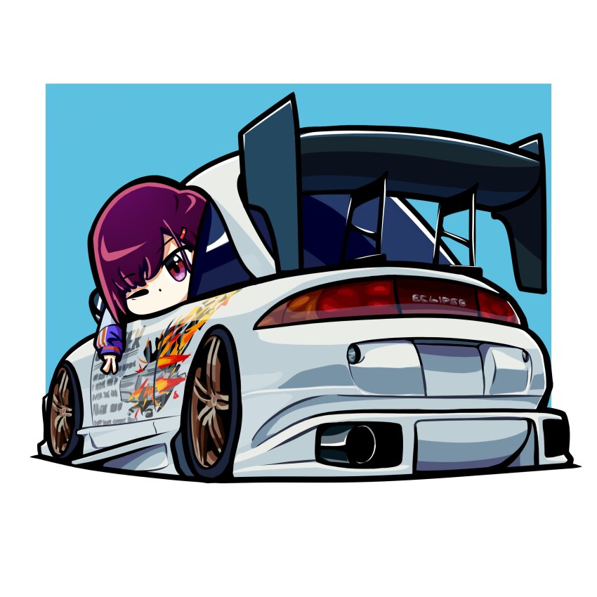 1girl absurdres blue_background blue_jacket border chibi commentary duz english_commentary hair_ornament hairclip highres jacket looking_down mikazuki_shizuka mitsubishi_eclipse mitsubishi_motors one_eye_closed purple_eyes purple_hair shadow solo spoiler_(automobile) vehicle_focus white_border zom_100:_zombie_ni_naru_made_ni_shitai_100_no_koto