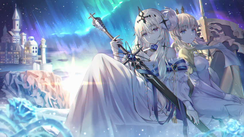 2girls alchemy alchemy_stars aurora bare_shoulders bethlehem_(alchemy_stars) blonde_hair blue_eyes breasts bridal_gauntlets castle character_request cleavage dress hair_ornament highres hyonee ice ice_flower jewelry long_dress long_hair looking_at_viewer multiple_girls outdoors pom_pom_(clothes) pom_pom_hair_ornament purple_eyes small_breasts sword weapon white_bridal_gauntlets white_dress white_hair
