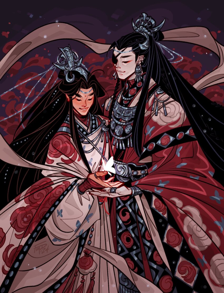 2boys animal_print beads black_eyes black_hair black_trim braid bug butterfly butterfly_print chinese_clothes closed_mouth commentary dark_background earrings eyeliner eyepatch facial_mark floral_print flower fmd forehead_mark glowing_butterfly hair_beads hair_bun hair_ornament half_updo hanfu highres hua_cheng huadian insect jewelry long_hair long_sleeves looking_at_another makeup male_focus multiple_boys multiple_piercings open_mouth ornate_clothes red_eyeliner red_flower red_hanfu red_robe red_rose ring robe rose rose_print side_braid silver_belt silver_chain silver_earrings silver_necklace silver_ring silver_trim single_hair_bun smile string string_around_finger string_of_fate tianguan_cifu very_long_hair white_butterfly white_flower white_hanfu white_rose wide_sleeves xiao_guan_(headdress) xie_lian yaoi