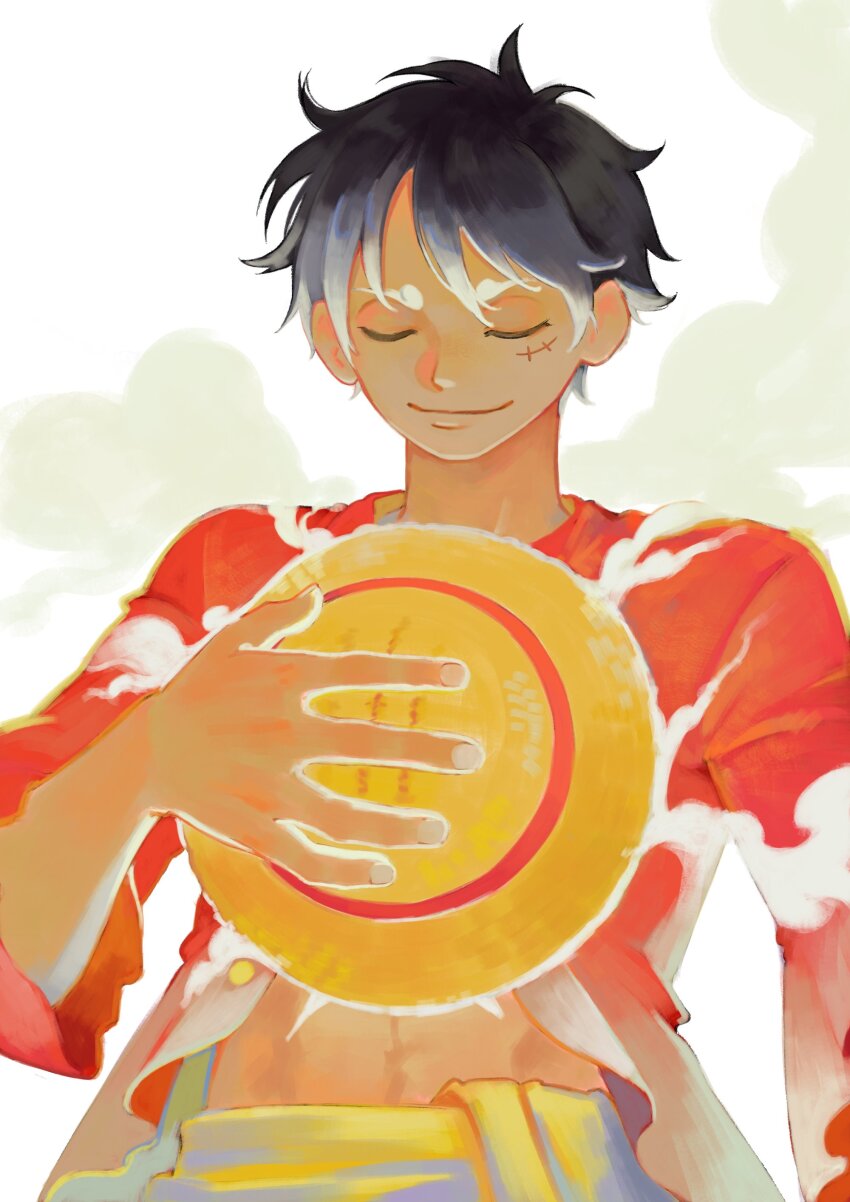 1boy absurdres black_hair closed_eyes commentary english_commentary fingernails hat highres holding holding_unworn_clothes holding_unworn_hat jennyandloiryan long_sleeves male_focus monkey_d._luffy one_piece red_shirt scar scar_on_face shirt short_hair simple_background smile solo unworn_hat unworn_headwear upper_body white_background