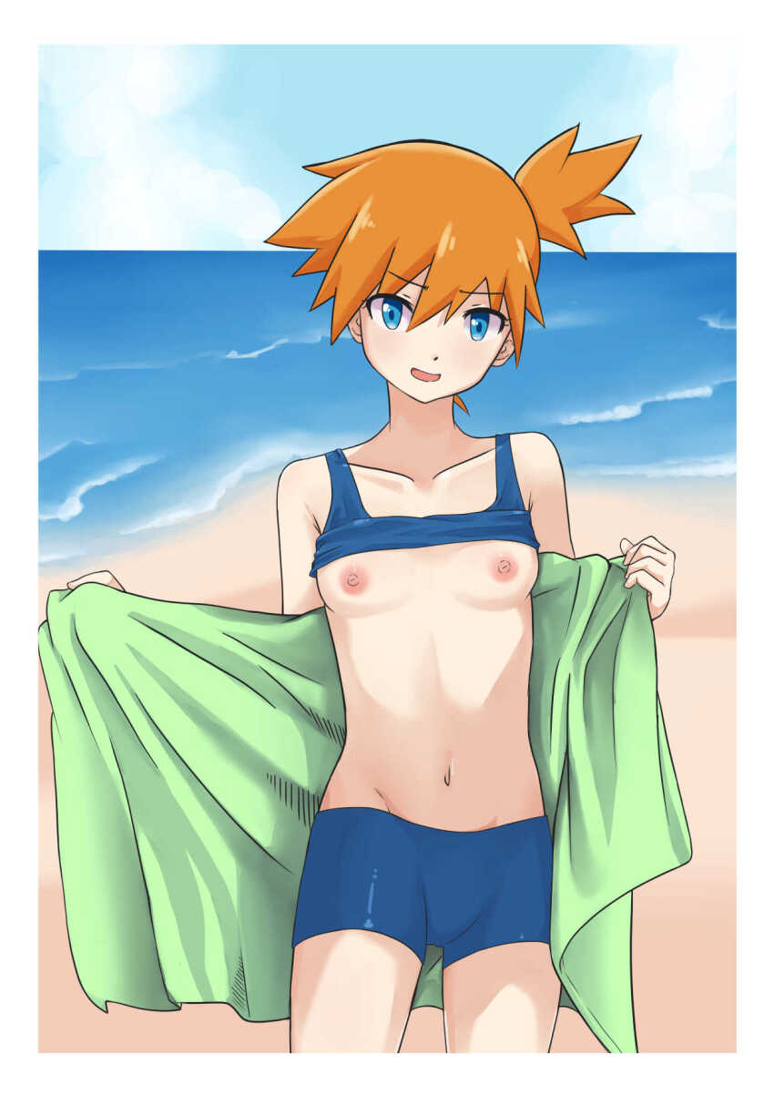 1girl bikini blendinglight blue_bikini blue_eyes border breasts breasts_out cloud collarbone cowboy_shot creatures_(company) day game_freak hair_between_eyes highres holding holding_towel looking_at_viewer misty_(pokemon) mixed-language_commentary navel nintendo nipples one_side_up open_mouth orange_hair outdoors pokemon pokemon_frlg sand shore sky smile solo swimsuit towel water white_border