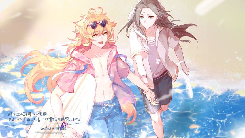2boys antenna_hair beach black_male_swimwear black_swim_trunks blue_male_swimwear blue_swim_trunks brown_hair drawstring facial_mark forehead_mark frown geely_shrimp_(the_tale_of_food) heart_antenna_hair holding_hands male_swimwear mo_mo_zi multiple_boys ocean official_alternate_costume official_alternate_hairstyle open_clothes open_mouth open_shirt orange_eyes orange_hair peach_petal_congee_(the_tale_of_food) sand smile swim_trunks swimsuit the_tale_of_food yaoi
