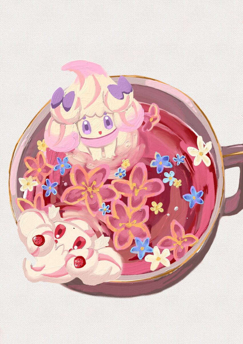 2girls 7ben9i :d absurdres alcremie alcremie_(ribbon_sweet) alcremie_(ruby_swirl) alcremie_(strawberry_sweet) alcremie_(vanilla_cream) blue_flower bow closed_mouth creature_as_food cup dot_mouth flower food-themed_creature food-themed_hair_ornament gen_8_pokemon hair_bow hair_ornament highres long_hair looking_at_viewer multiple_girls nintendo open_mouth pink_flower pokemon pokemon_(creature) purple_bow purple_eyes red_eyes simple_background smile strawberry_hair_ornament white_background white_flower white_hair yellow_flower