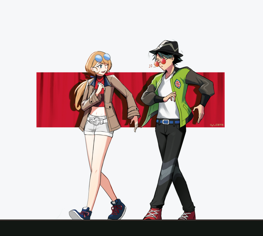 1boy 1girl ;d aged_up ash_ketchum belt black_hat blonde_hair blue_belt blue_shoes brown_jacket closed_eyes cosplay creatures_(company) cropped_shirt eyewear_on_head game_freak green_jacket hand_up hat highres jacket jcstr long_hair long_sleeves looking_at_another paxton_(pokemon) midriff mixed-language_commentary musical_note nintendo one_eye_closed open_clothes open_jacket open_mouth pants paxton_(pokemon)_(cosplay) pokemon pokemon_(anime) pokemon_legends:_z-a pokemon_xy_(anime) red_shirt red_shoes ribbed_shirt serena_(pokemon) shirt shoes shorts smile standing sunglasses taunie_(pokemon) taunie_(pokemon)_(cosplay) white_shirt