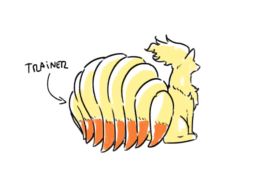 arrow_(symbol) english_text facing_away from_behind full_body gen_1_pokemon multiple_tails ninetales nintendo pokemon pokemon_(creature) pokemon_focus shibulio tail white_background yellow_fur