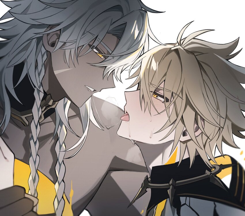 2boys antenna_hair blonde_hair blush collarbone couple dark-skinned_male dark_skin from_side grey_hair hair_between_eyes heavy_breathing highres holding_another&#039;s_wrist honkai_(series) korean_commentary leaning_forward looking_at_another looking_down looking_up multiple_boys multiple_scars muscular muscular_male nanook_(honkai:_star_rail) orange_eyes parted_lips phainon_(honkai:_star_rail) pin3909 scar scar_on_face short_hair simple_background spiked_hair sweat tongue tongue_out upper_body white_background yaoi yellow_blood