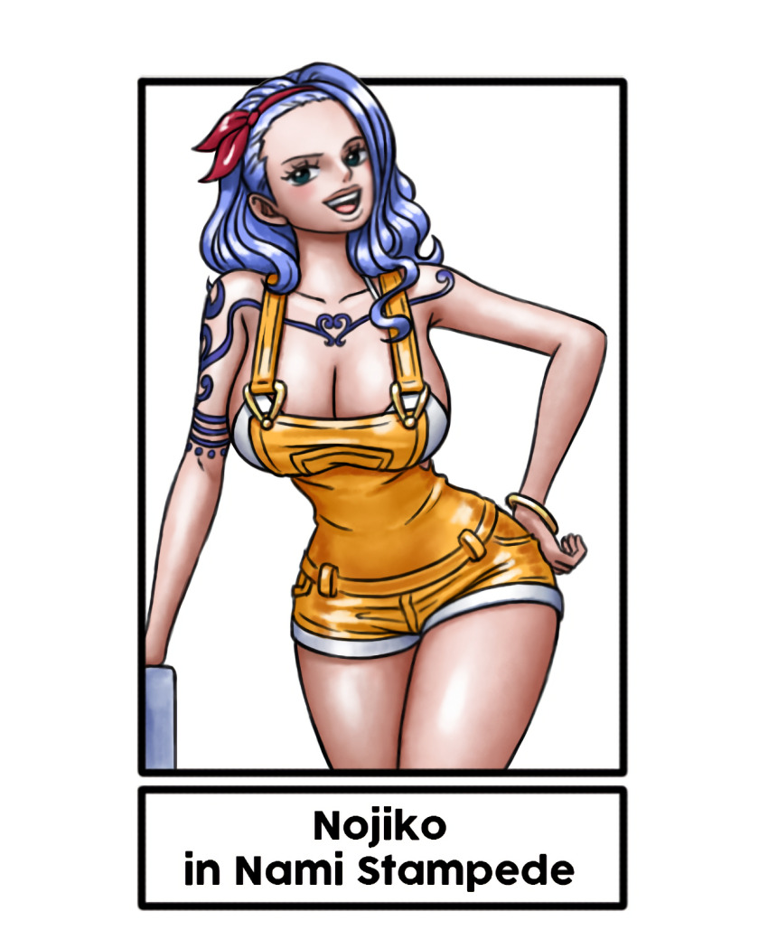 1girl bare_shoulders bikini blue_eyes blue_hair breasts crossdressing female_focus highres iury_padilha large_breasts nojiko_(one_piece) one_piece ornament overalls smile solo swimsuit tattoo thick_thighs thighs