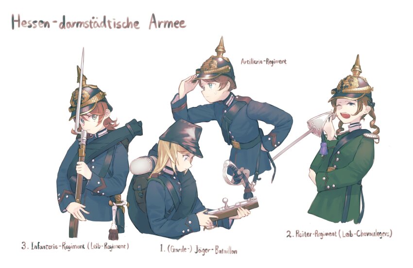 4girls absurdres ammunition_pouch antique_firearm backpack bag bayonet belt blonde_hair blue_eyes blue_jacket brown_hair buttons closed_mouth combat_helmet commentary cropped_torso dreyse_m1841 firearm german_text green_eyes green_jacket gun gun_sling hat helmet highres holding holding_gun holding_headgear holding_weapon jacket karasumi_(sumizono) load_bearing_equipment long_hair long_sleeves looking_ahead looking_at_object looking_at_viewer military military_hat military_jacket military_uniform multiple_girls one_eye_closed open_mouth original pickelhaube pouch sheath short_hair shoulder_boards simple_background soldier sweat sweatdrop sword tears teeth upper_teeth_only weapon white_background yawning