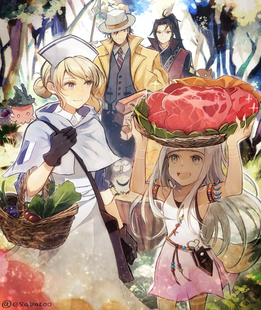 2boys 2girls :d arched_bangs basket bird black_gloves black_hair blonde_hair brown_eyes capelet castti_florenz closed_mouth coat elbow_carry food forest formal_clothes gloves grey_capelet grey_eyes grey_suit hat high_collar high_ponytail highres hikari_ku holding holding_basket leaf_(esabacoo) lettuce log long_hair meat multiple_boys multiple_girls nature ochette_(octopath_traveler) octopath_traveler octopath_traveler_ii open_mouth owl partitio_yellowil ponytail sliced_meat smile sparkle suit teeth walking white_hair white_hat yellow_coat