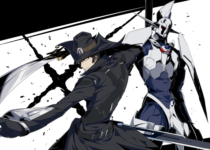 1boy absurdres black_hair black_headwear black_jacket dann_of_thursday gunxsword hair_behind_ear hat highres holding holding_sword holding_weapon jacket looking_at_viewer looking_down male_focus mecha red_eyes robot science_fiction shimure_(460) sword van_(gunxsword) weapon