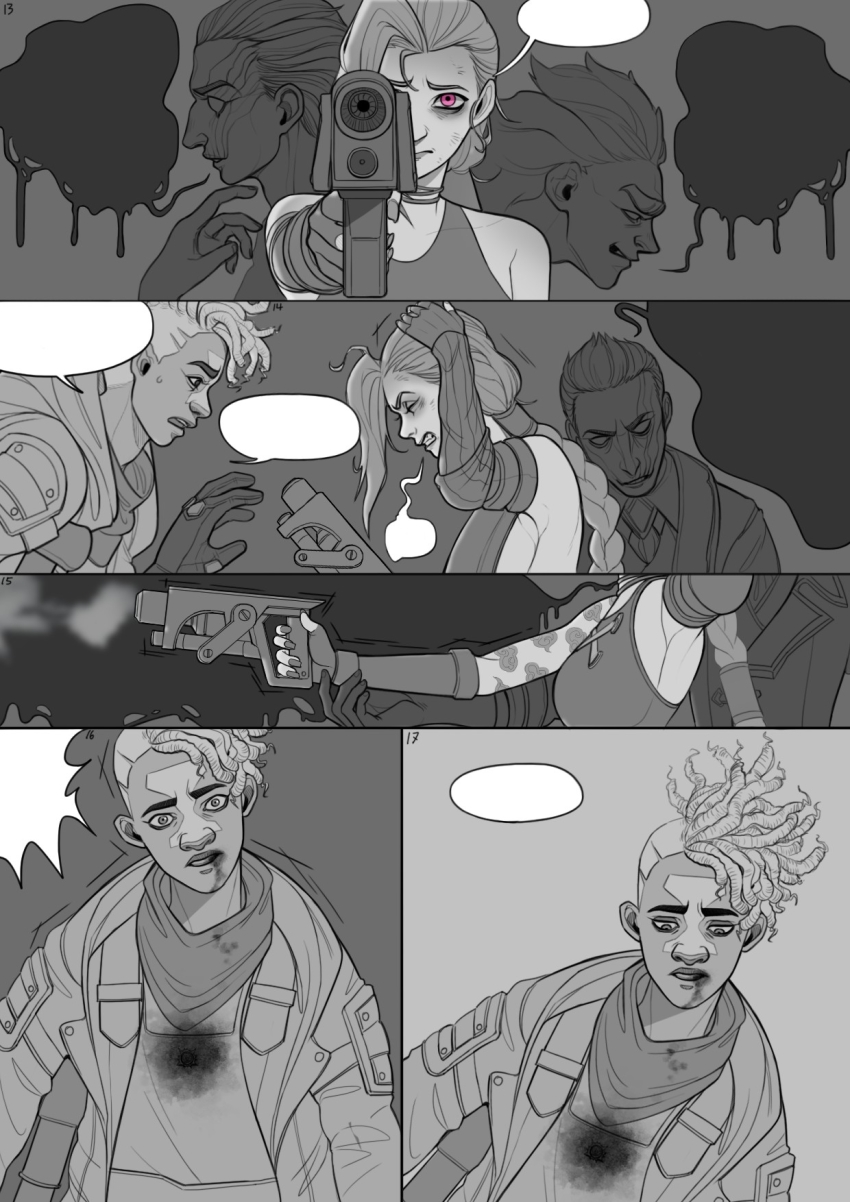 1girl 3boys arcane:_league_of_legends arcane_jinx blood braid breasts clenched_teeth dark-skinned_male dark_skin diter-trsey dreadlocks ekko_(league_of_legends) elbow_gloves facial_mark gloves highres injury jacket jinx_(league_of_legends) league_of_legends long_hair medium_breasts multiple_boys mylo_(arcane) open_clothes open_jacket scar scar_across_eye scar_on_face scarf shirt short_hair silco_(arcane) speech_bubble teeth twin_braids