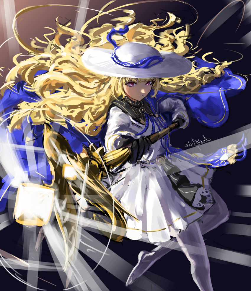 1girl arkilide black_collar black_gloves blonde_hair closed_mouth collar commentary gloves hair_spread_out hat highres holding holding_staff long_hair long_sleeves looking_at_viewer pantyhose phoebe_(wuthering_waves) purple_eyes shirt skirt solo staff white_hat white_pantyhose white_shirt white_skirt wuthering_waves