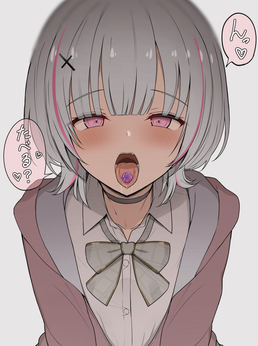 1girl absurdres asumi_sena asumi_sena_(4th_costume) black_choker blurry blush bow bowtie candy choker collared_shirt depth_of_field food hair_ornament half-closed_eyes heart highres jacket looking_at_viewer medium_hair moriartea multicolored_hair open_mouth pink_eyes pink_hair pink_jacket saliva shirt solo speech_bubble streaked_hair tongue tongue_out translated two-tone_hair upper_body virtual_youtuber vspo! white_background white_hair white_shirt