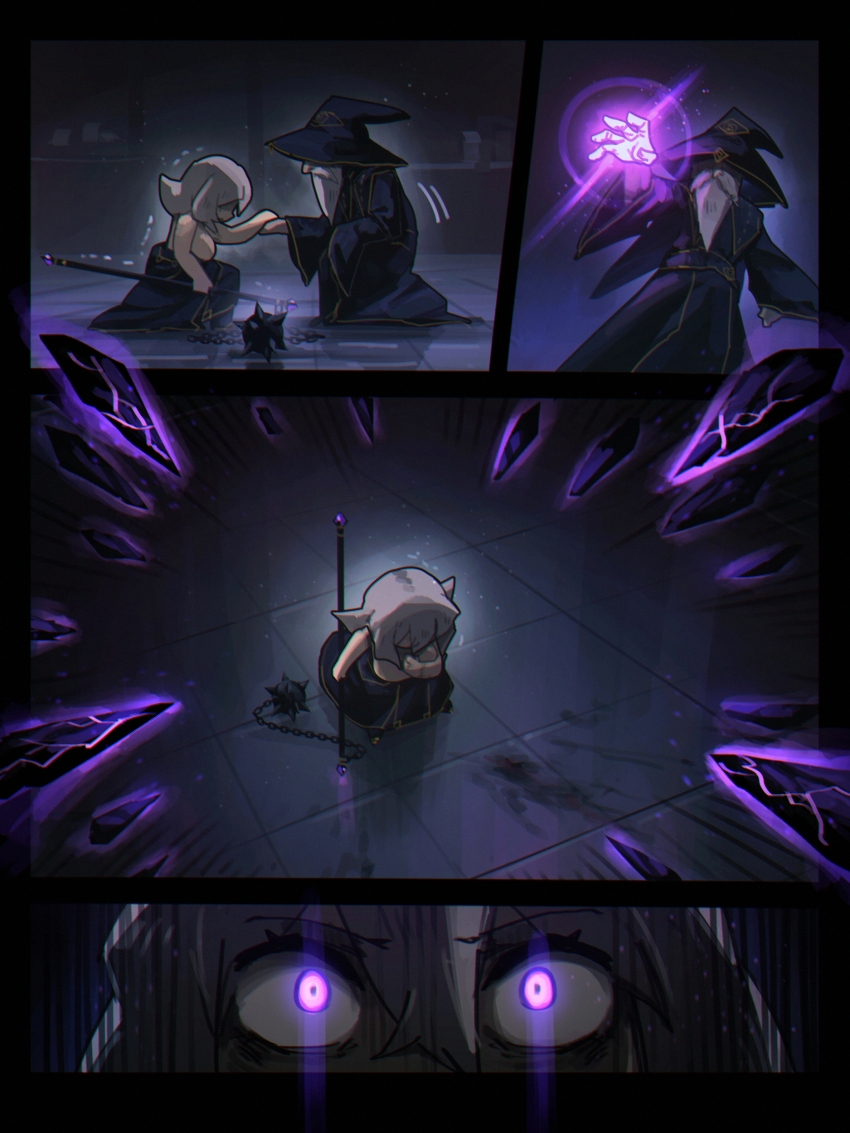 1boy 1girl absurdres beard crystal facial_hair fahrinos_(porforever) flail_witch_(porforever) glowing glowing_eyes grey_hair hat highres holding holding_flail holding_weapon magic old old_man original porforever purple_eyes robe weapon wizard wizard_hat
