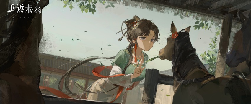 1girl architecture backlighting black_eyes black_hair blue_sky chinese_clothes closed_mouth copyright_name copyright_notice counting cowboy_shot east_asian_architecture facial_mark flower forehead_mark green_shirt hair_bun hair_ornament hair_over_shoulder hand_up hanfu highres horse index_finger_raised jewelry jiu_niangzi layered_sleeves leaning_forward logo long_hair long_sleeves looking_ahead mouth_hold necklace official_art red_flower red_shawl reverse:1999 shawl shirt short_over_long_sleeves short_sleeves shout_lines single_side_bun skirt sky solo stable stalk_in_mouth tassel tassel_hair_ornament white_sleeves yellow_skirt