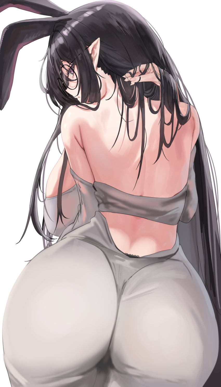 1girl absurdres ass backless_dress backless_outfit bare_shoulders black_hair black_panties breasts dress glasses grey_dress highres krabking large_breasts long_hair looking_at_viewer looking_back original panties pantylines pointy_ears purple_eyes round_eyewear simple_background solo thong underwear white_background