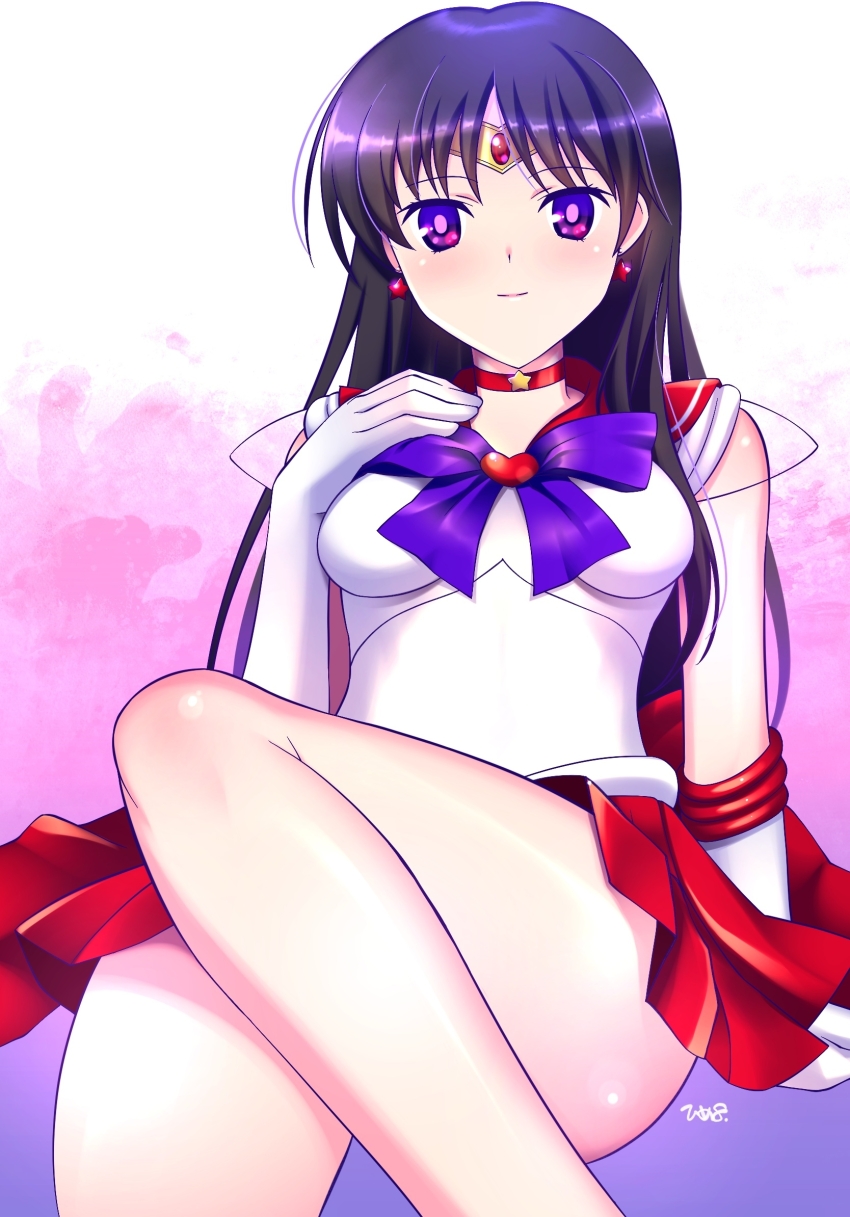 1girl bishoujo_senshi_sailor_moon black_hair bow breasts choker circlet closed_mouth earrings elbow_gloves gloves hand_up heart highres himehachi_(hime8manga) hino_rei jewelry long_hair looking_at_viewer magical_girl medium_breasts miniskirt pleated_skirt purple_bow purple_eyes red_choker red_skirt sailor_mars sailor_senshi_uniform shirt sitting skirt sleeveless sleeveless_shirt smile solo star_(symbol) star_choker star_earrings super_sailor_mars white_gloves white_shirt